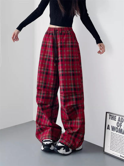 Pantalones anchos a cuadros con cintura alta y elegantes tallas grandes para mujer