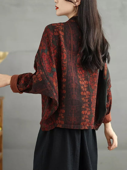 Kurze, locker geschnittene Damenjacke aus bedrucktem Baumwoll-Leinen-Mischgewebe mit Fledermausärmeln und V-Ausschnitt in Übergröße