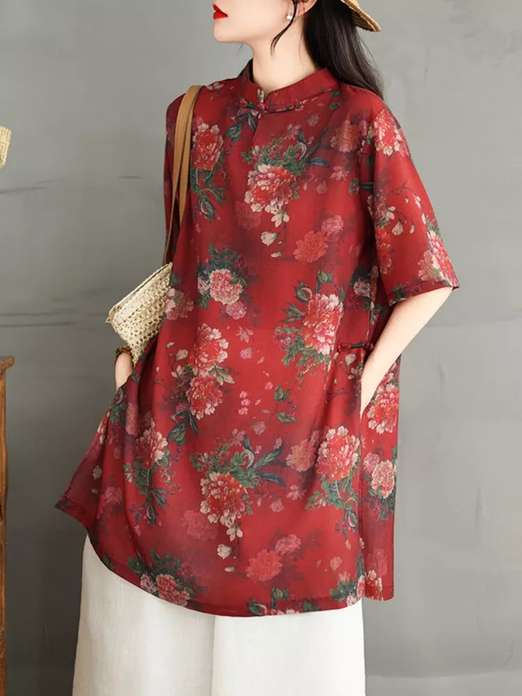 Camisa de lino y algodón con estampado de peonías rojas de estilo chino para mujer