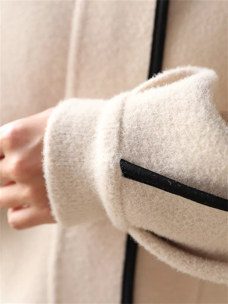 Beige Colorblock Zip-Up Wool Coat for Women