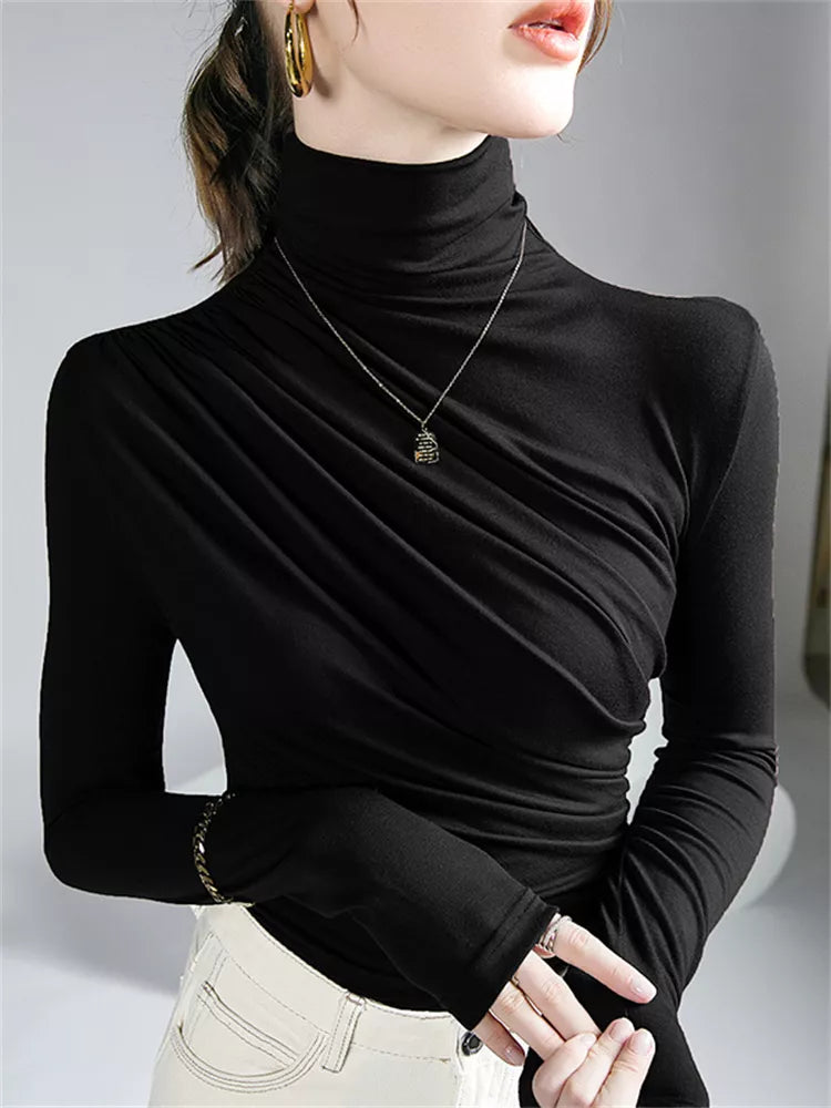 Top básico de modal con cuello alto color café para mujer
