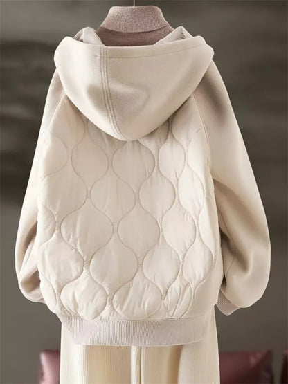 Khakifarbene Steppjacke mit Reißverschluss und Kapuze für Damen 