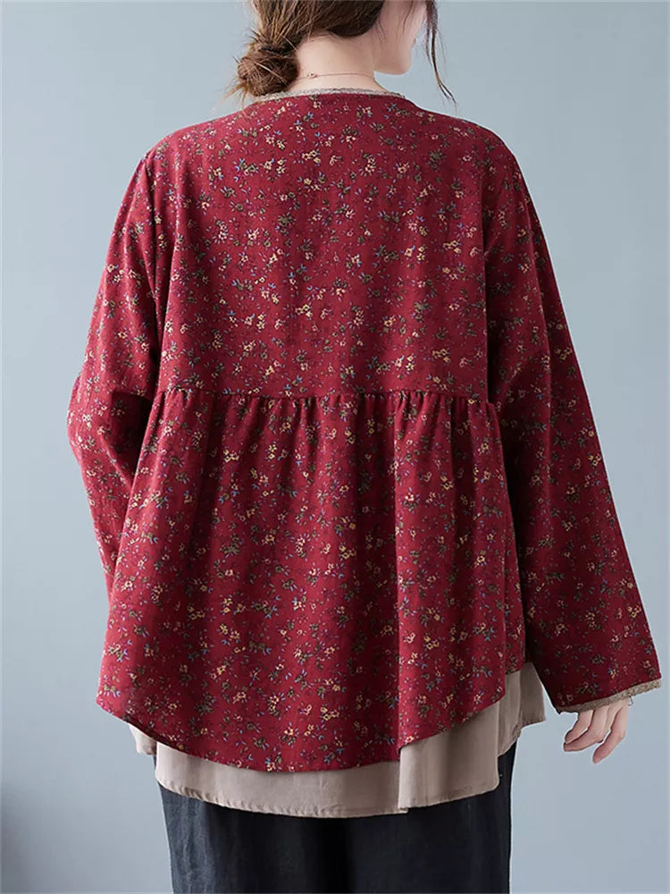 Zweilagige Patchwork-Bluse mit V-Ausschnitt aus Baumwoll-Leinen-Mischgewebe in Übergröße für Damen