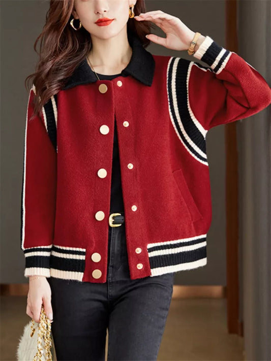 Red Contrast-Collar Button-Up Wool Blend Bomber Jacket for Women