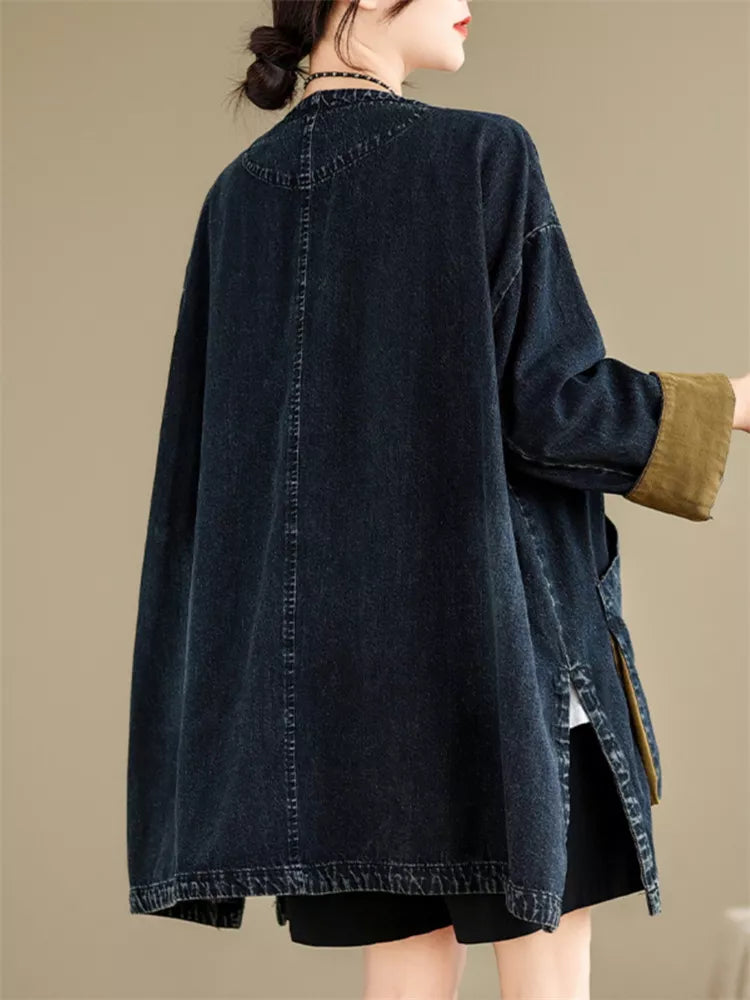 Vintage Jeansmantel mit V-Ausschnitt und großen Taschen für Damen