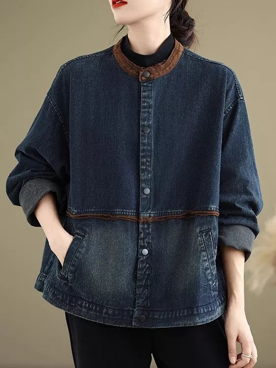 Chaqueta vaquera vintage azul de talla grande con botones y cuello alto para mujer