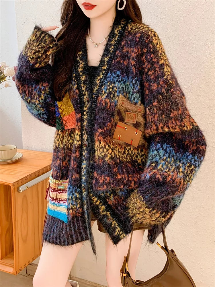 Women's Vintage Abstract Print Oversized Mohair Cardigan