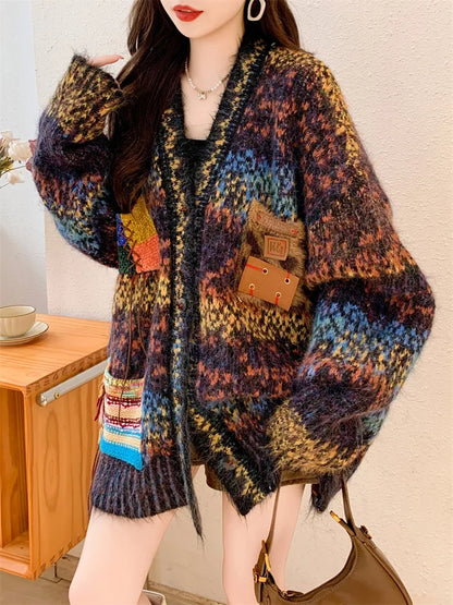 Women's Vintage Abstract Print Oversized Mohair Cardigan
