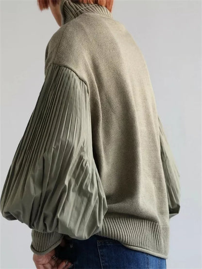 Suéter de cuello alto plisado con mangas farol para mujer - Jersey de punto de técnica mixta