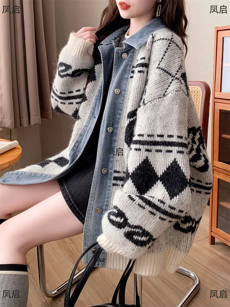 Women's Loose Plus Size Denim Patchwork Cardigan - Oversized Geometric Knit Jacket