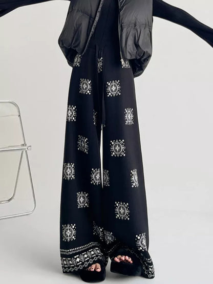 Pantalones de punto con cordón y cintura alta para mujer - Pantalones casuales bohemios de pierna ancha