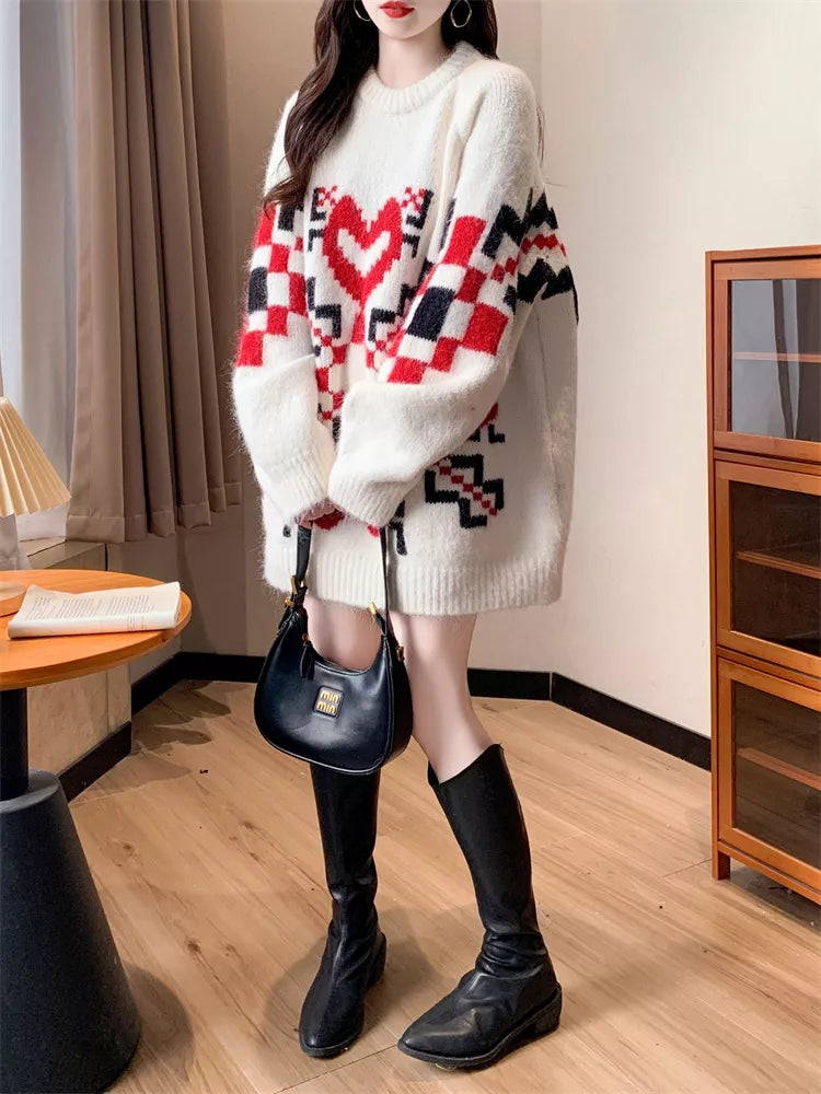 Suéter de punto grueso de jacquard de longitud media para mujer - Jersey de punto extragrande con estampado de corazones