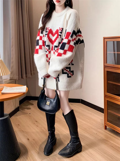 Suéter de punto grueso de jacquard de longitud media para mujer - Jersey de punto extragrande con estampado de corazones