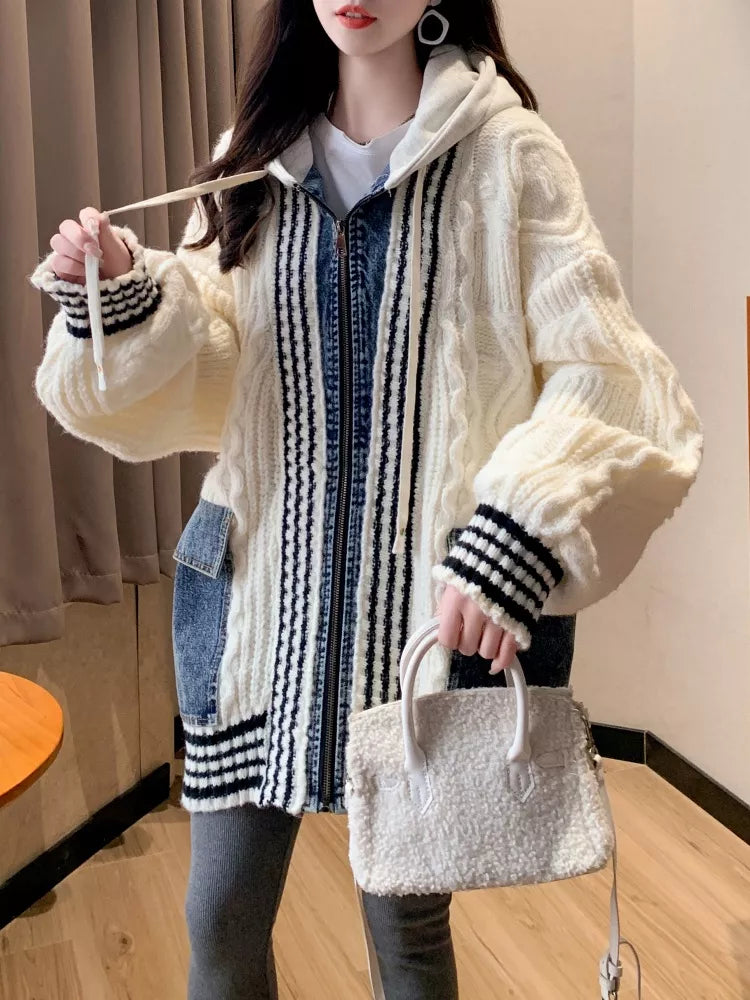 Cárdigan de punto trenzado con patchwork de mezclilla para mujer - Abrigo tipo suéter con capucha y cremallera