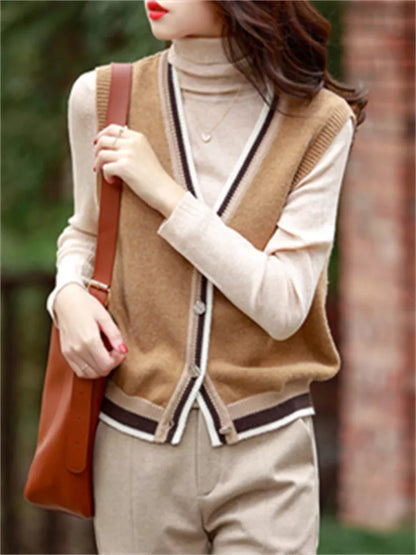 Chaleco de punto con cuello en V y botones para mujer - Cárdigan sin mangas con ribete de rayas estilo preppy