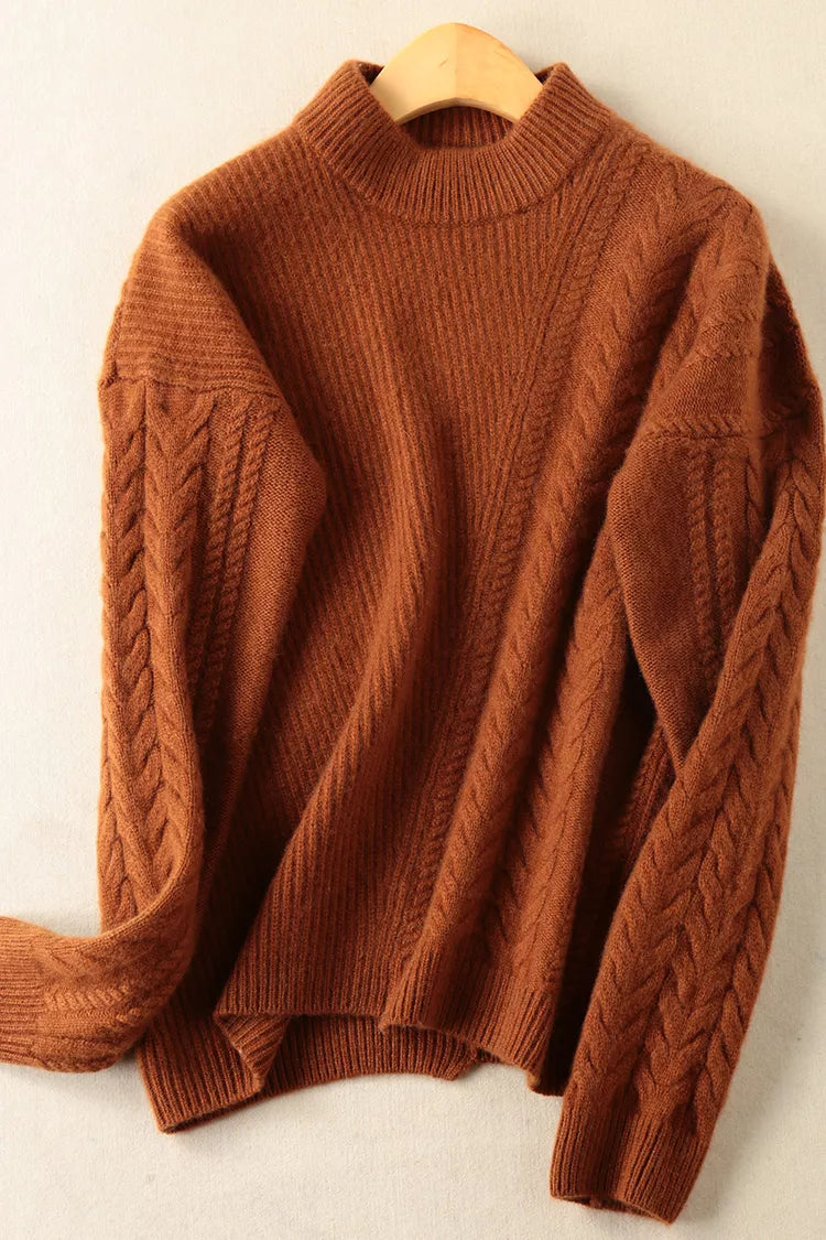 Dicker Damen-Zopfstrickpullover mit Stehkragen – Grobstrickpullover für den Winter