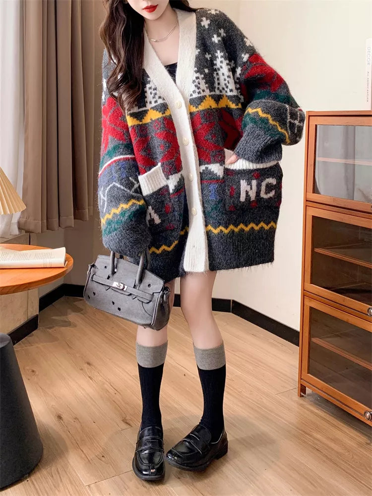 Damen-Strickjacke in Übergröße, mittellang, geometrisches Muster – Oversize-Strickmantel im Mohair-Stil