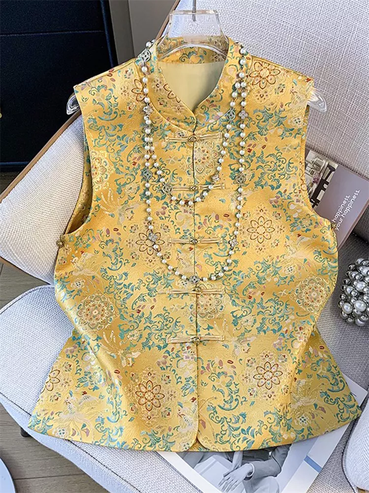 Orientalische Jacquard-Weste für Damen - Blaue Weste mit Blumenbrokat und Stehkragen