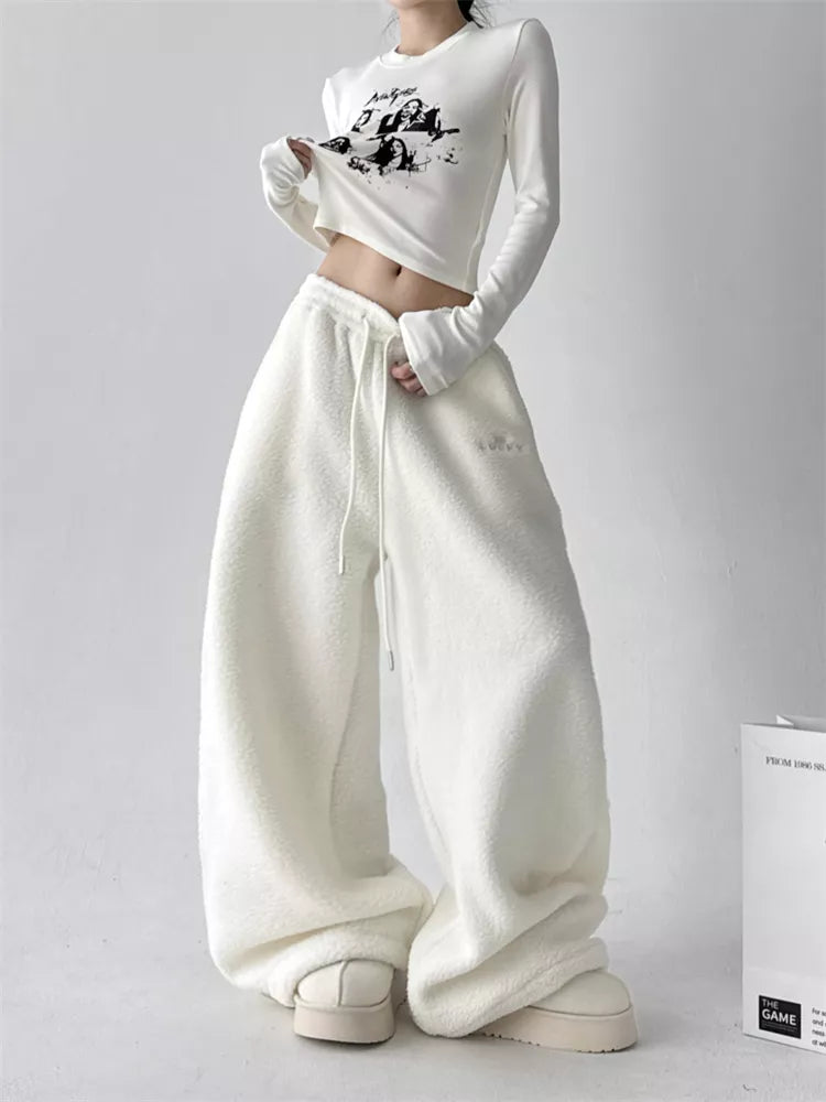 Pantalones anchos de sherpa sintética para mujer - Pantalones deportivos holgados y acogedores de felpa de peluche