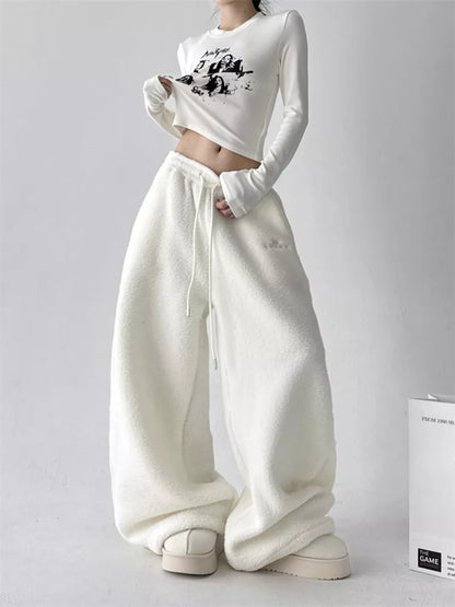 Pantalones anchos de sherpa sintética para mujer - Pantalones deportivos holgados y acogedores de felpa de peluche