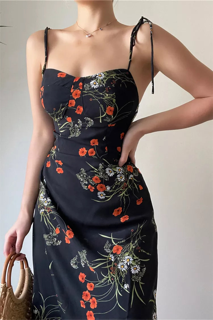 French Retro Floral Spaghetti-Strap Midi Dress for Women