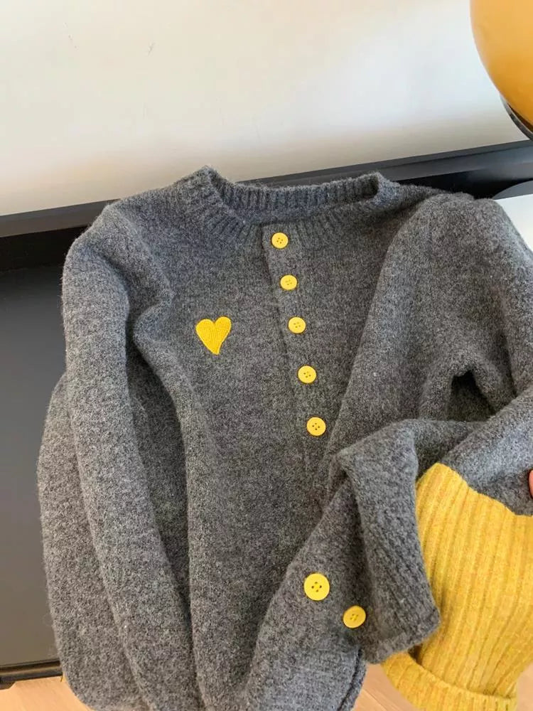 Women's Soft Contrast Color Block Knitted Cardigan with Heart Accent