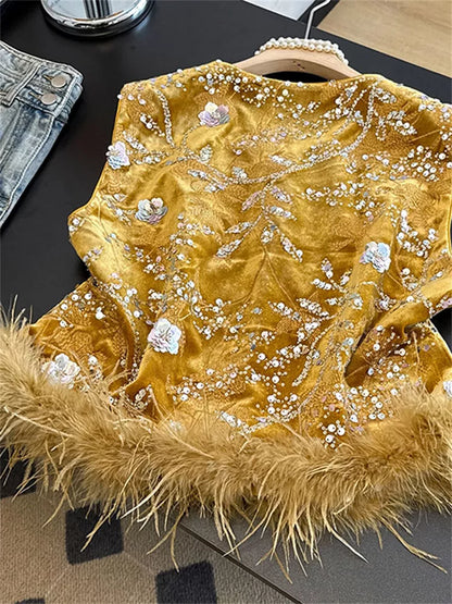 New Chinese Style Gold Velvet Sequin Embroidered Vest with Faux Feather Trim