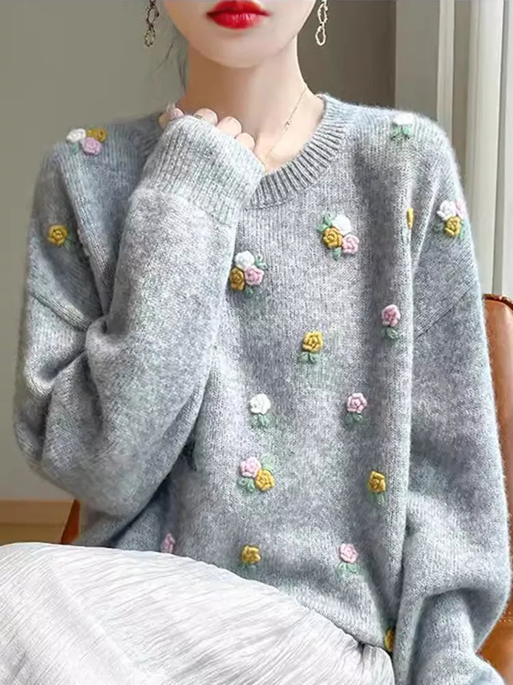 Women's Sweet 3D Floral Embroidered Soft Cream Knitted Sweater