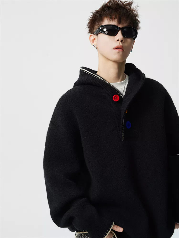 Men's American Retro Heavyweight Hooded Knit Sweater with Colorful Buttons