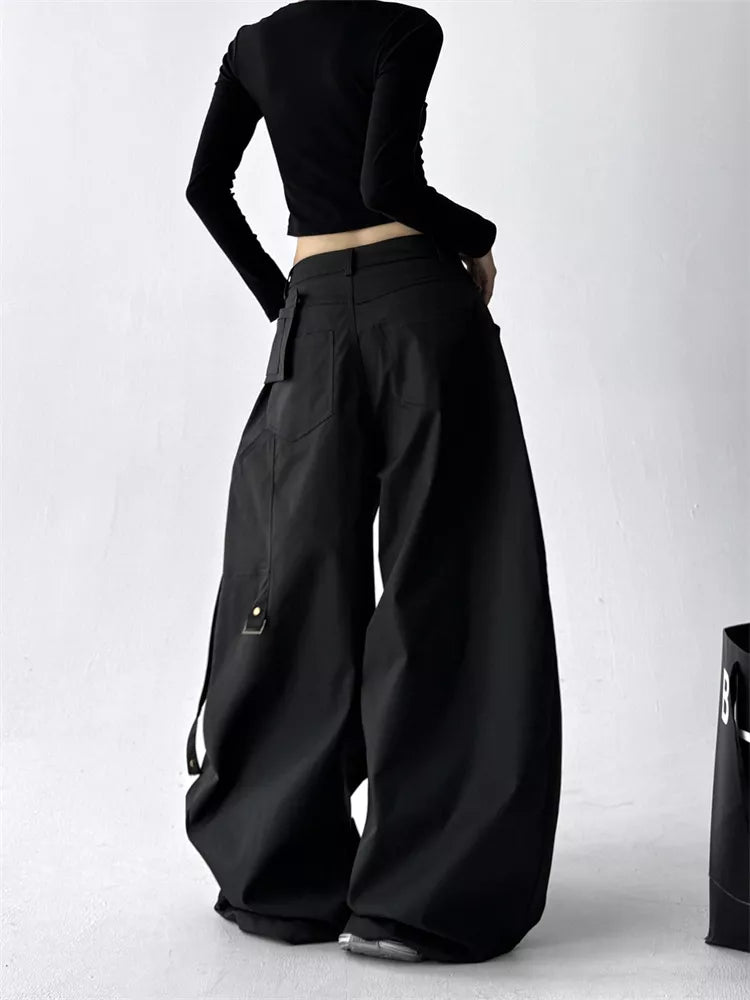 Black Classic High-Waist Wide-Leg Cargo Pants for Women