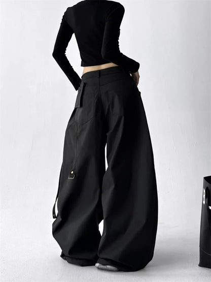 Black Classic High-Waist Wide-Leg Cargo Pants for Women