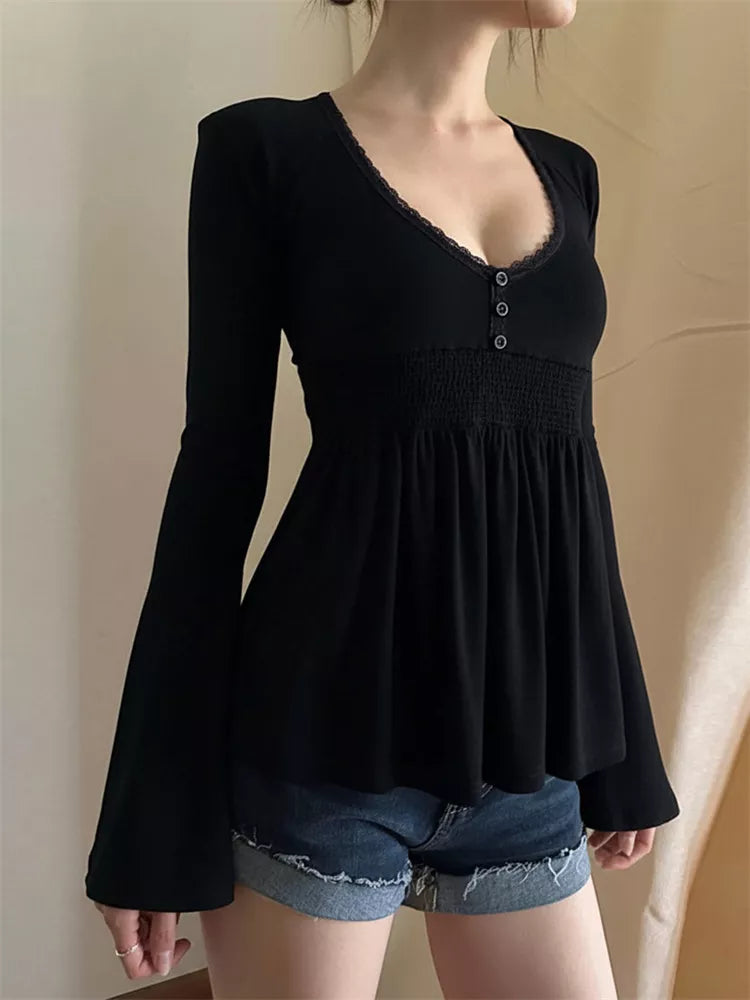 Black Lace Trim V-Neck Smocked Bell Sleeve Top