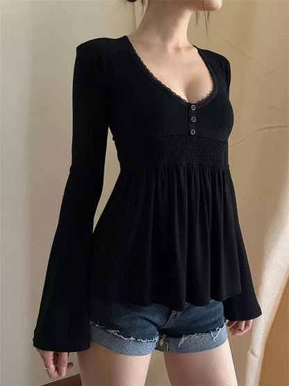 Black Lace Trim V-Neck Smocked Bell Sleeve Top