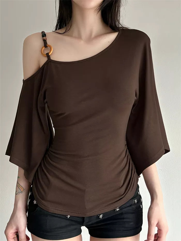 Women's Brown Asymmetric One-Shoulder Ruched Top with Ring Detail and Bell Sleeves