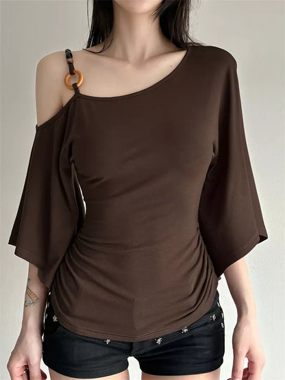 Women's Brown Asymmetric One-Shoulder Ruched Top with Ring Detail and Bell Sleeves