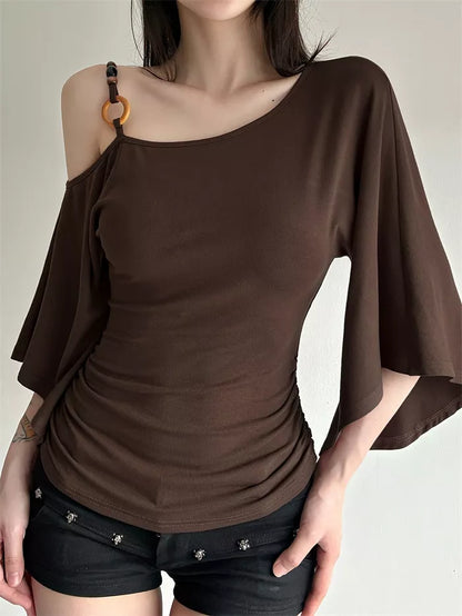 Women's Brown Asymmetric One-Shoulder Ruched Top with Ring Detail and Bell Sleeves