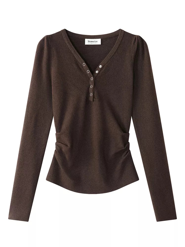 Dark Gray Sweet-Chic V-Neck Slim Knit Top for Women