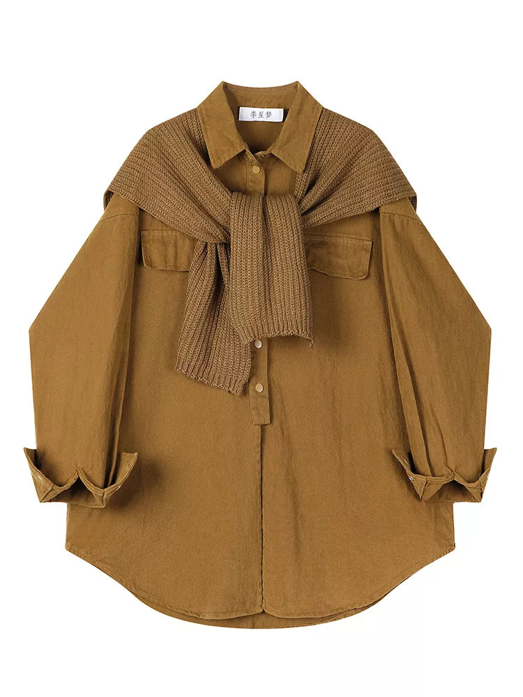Women's Chic Cream Oversized Button-Down Shirt with Detachable Brown Knit Shawl Set
