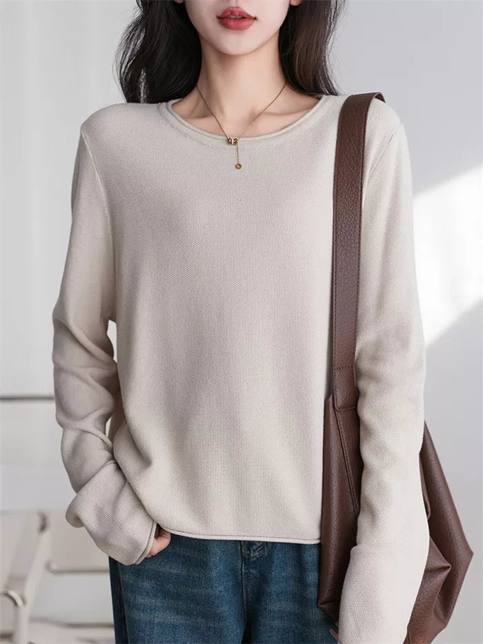 Women's Gray Cotton Crew Neck Long Sleeve Casual Top