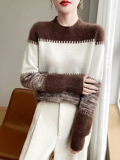 Women's Brown Color Block Striped Soft Knitted Sweater Crew Neck Pullover