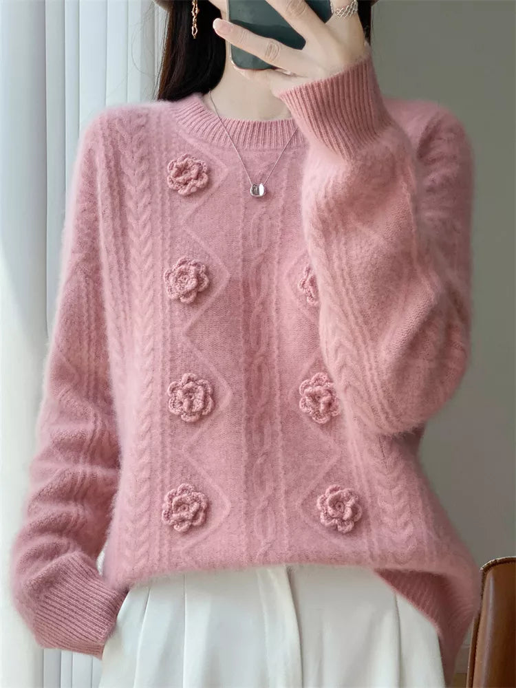 Handcrafted Beige Embroidered Pure Wool Sweater for Women