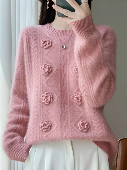 Handcrafted Blue Embroidered Pure Wool Sweater for Women