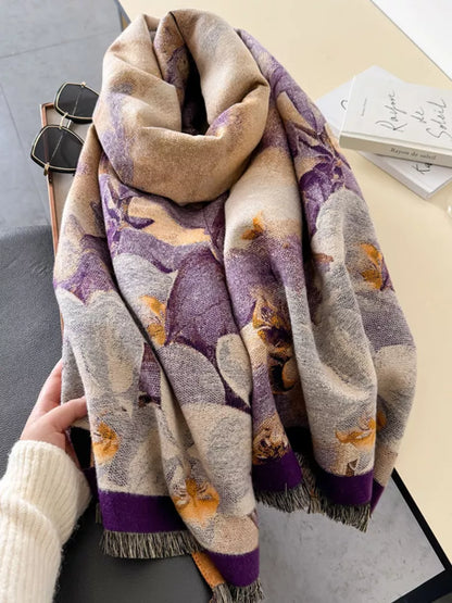Women's Vintage Purple Floral Jacquard Elegant Double-Sided Cashmere-Feel Shawl Wrap
