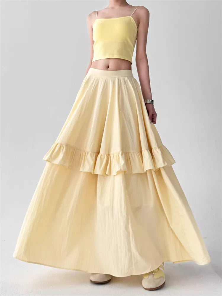 Women's Butter Yellow High-Waisted Tiered Ruffle Maxi Skirt Boho A-Line Long Cake Skirt
