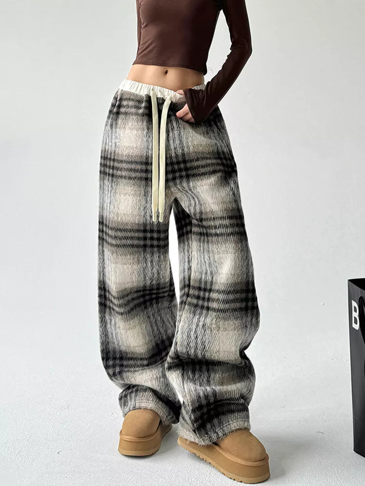 Women's Coffee High-Waisted Plaid Drawstring Woolen Wide Leg Pants