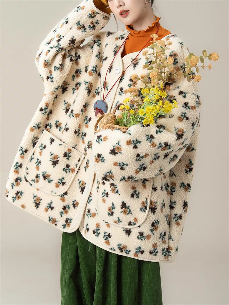 Women's Vintage Apricot Floral Faux Sherpa Button Down Cardigan Coat