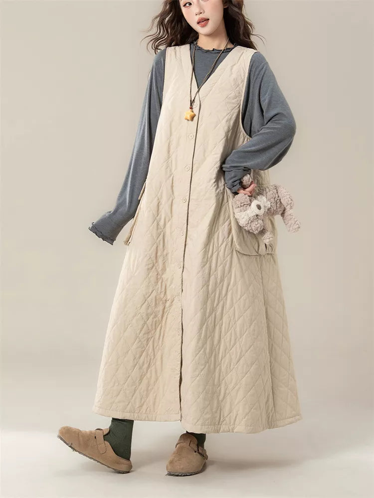 Women's Vintage Beige Diamond Quilted Vest Dress V-Neck Sleeveless Padded Pinafore