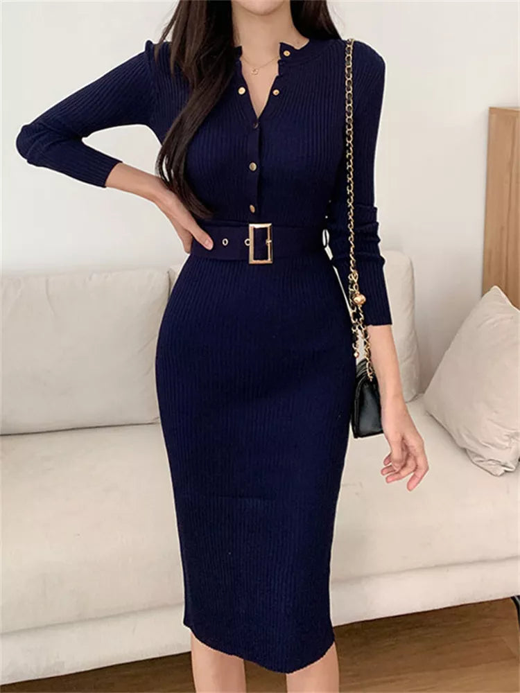 Women's Grey Ribbed Bodycon Long Sleeve Button Down Sweater Dress with Belt