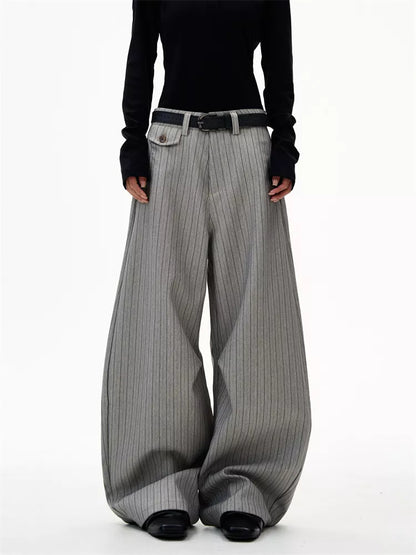 Women's American Retro Grey Pinstripe Curved Leg Loose Suit Pants
