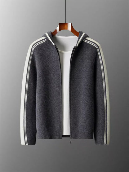 Men's Premium Pure Wool Knitted Tracksuit Set 2-Piece Striped Zip-Up Hoodie & Joggers